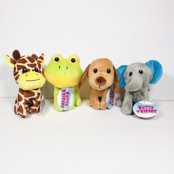 New Lot of 4 Fuzzy Friends Plush Stuffed Animal Toy Elephant Frog Dog Giraffe - Picture 1 of 8